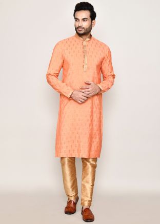 Orange Readymade Men Art Silk Kurta Pajama In Foil Print