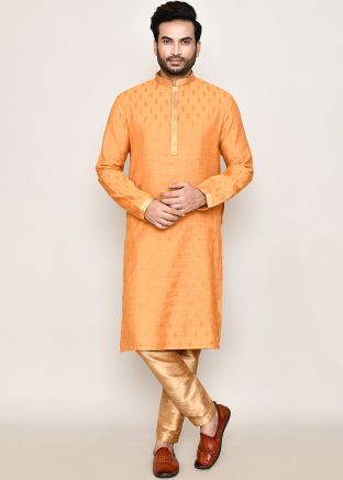Yellow Readymade Foil Printed Men Art Silk Kurta Pajama 