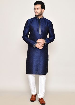 Blue Readymade Art Silk Men Kurta Pajama In Woven Work