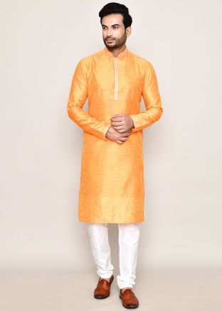 Yellow Readymade Men Woven Kurta Pajama In Art Silk