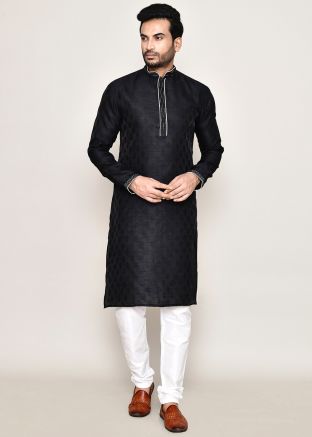 Black Readymade Woven Men Art Silk Kurta Pajama 