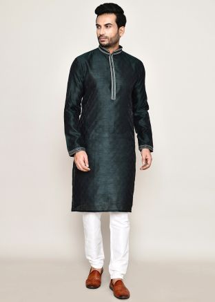Green Readymade Art Silk Men Kurta Pajama In Woven Work