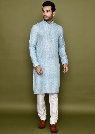 Sky Blue Readymade Rayon Men Kurta Pajama In Embroidery