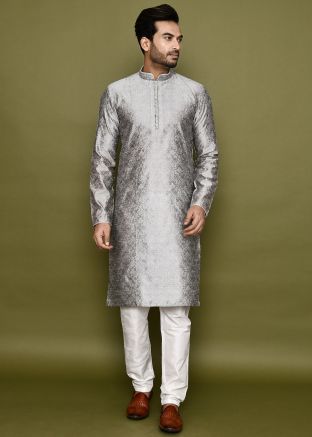 Grey Readymade Woven Art Silk Men Kurta Pajama 