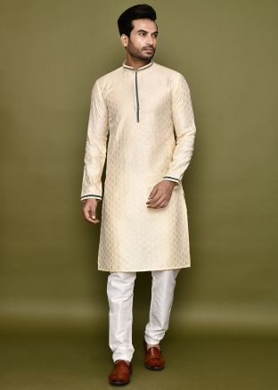 Cream Readymade Men Woven Kurta Pajama In Art Silk