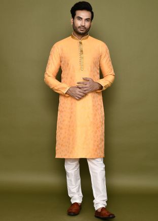Peach Readymade Men Art Silk Kurta Pajama In Woven Work