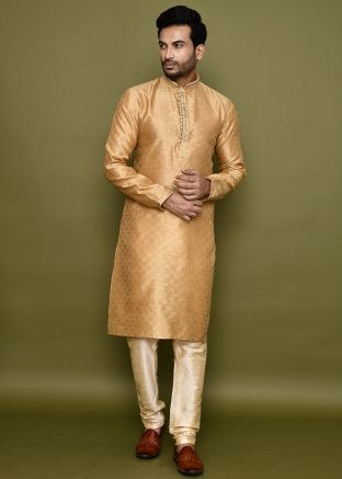 Brown Readymade Woven Men Art Silk Kurta Pajama 