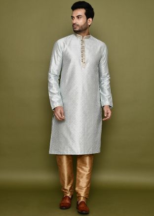 Grey Readymade Men Woven Kurta Pajama In Art Silk