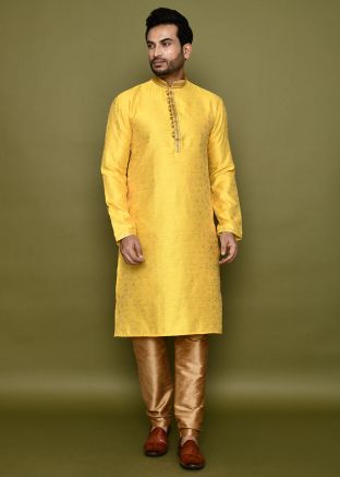 Yellow Readymade Men Art Silk Kurta Pajama In Woven Work