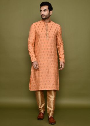 Orange Readymade Men Art Silk Kurta Pajama In Woven Work