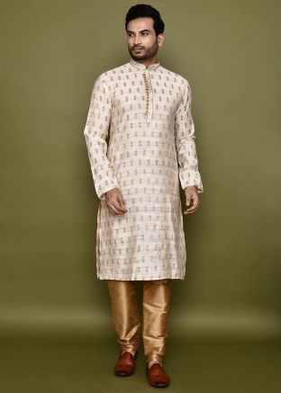 White Readymade Printed Men Kurta Pajama In Art Silk