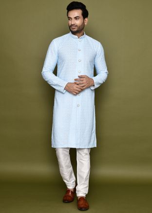 Blue Readymade Art Silk Men Indowestern Sherwani In Embroidery