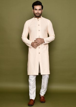 Cream Readymade Embroidered Men Kurta Pajama In Art Silk