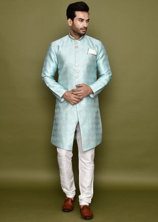 Blue Readymade Jacquard Men Woven Indowestern Sherwani