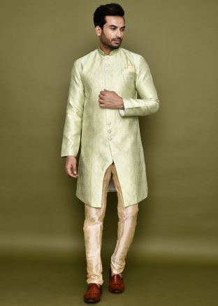 Pastel Green Readymade Woven Men Jacquard Indowestern Sherwani 