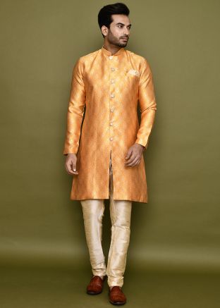 Orange Readymade Men Woven Indowestern Sherwani In Jacquard