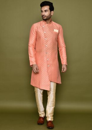 Pink Readymade Woven Men Jacquard Indowestern Sherwani 