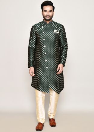 Green Readymade Jacquard Men Indowestern Sherwani In Woven Work