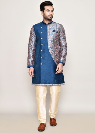 Blue Readymade Men Woven Indowestern Sherwani In Jacquard