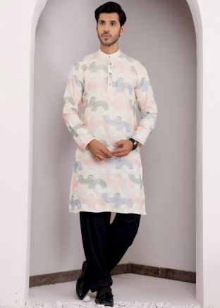 Cream Embroidered Kurta Pant In Linen