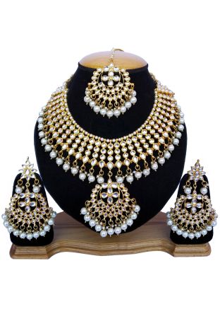 Pearl White Stone Studded Kundan Necklace Set