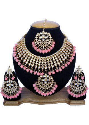 Pearl Pink Stone Studded Kundan Necklace Set