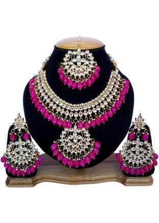 Indian Jewelry Sets: Pearl Pink Stone Studded Kundan Indian Bridal Necklace