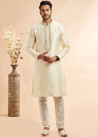 Light Yellow Embroidered Men Kurta Pajama