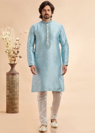Readymade Blue Embroidered Men Kurta Pajama