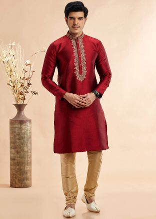 Readymade Maroon Embroidered Men Kurta Pajama
