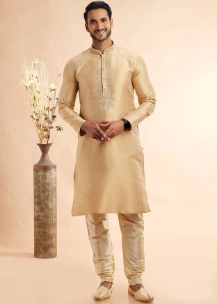 Golden Men Embroidered Kurta With Pajama