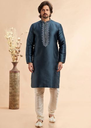 Dark Grey Men Embroidered Kurta With Pajama