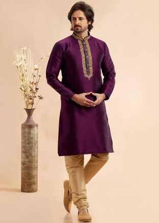 Purple Embroidered Men Kurta With Pajama
