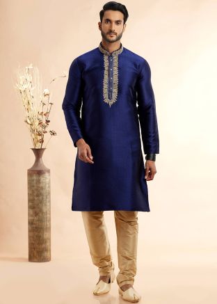 Embroidered Men Kurta With Pajama In Blue