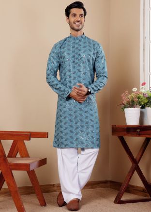 Blue Men Chikankari Embroidered Kurta Pajama Set