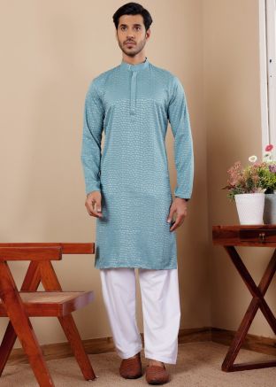 Blue Men Kurta Pajama In Chikankari Embroidery