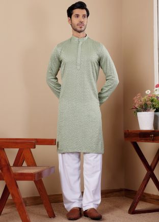 Pastel Green Kurta Pajama In Chikankari Embroidery