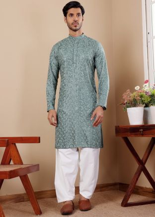 Sage Green Chikankari Embroidered Kurta Pajama