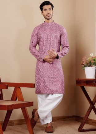 Mauve Pink Chikankari Embroidered Kurta Pajama For Men