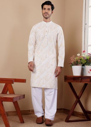 White Tie-Dye Print Men Kurta With Pajama