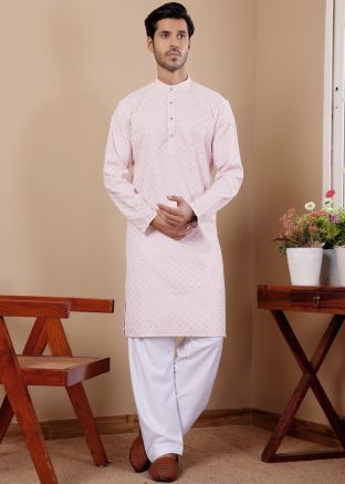 Readymade Pink Chikankari Embroidered Men Kurta Pajama