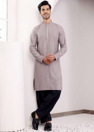 Grey Embroidered Readymade Viscose Kurta