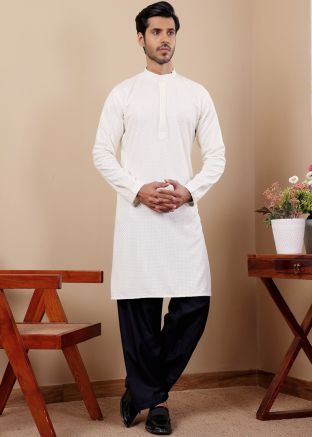 White Embroidered Readymade Viscose Kurta