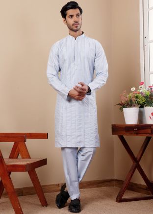 Light Blue Embroidered Art Silk Readymade Men Kurta Pajama