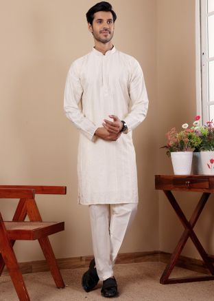 Off White Embroidered Readymade Men Kurta Pajama In Art Silk