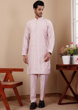 Light Pink Art Silk Readymade Men Kurta Pajama In Embroidery