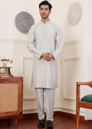 Light Green Embroidered Art Silk Readymade Men Kurta Pajama