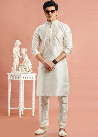 Cream Embroidered Readymade Art Silk Men Kurta Pajama