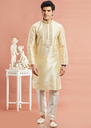 Beige Embroidered Readymade Men Kurta Pajama In Art Silk