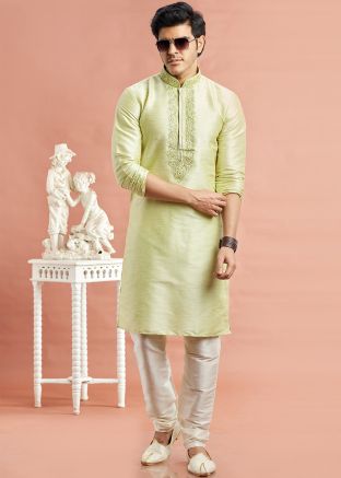 Pastel Green Readymade Art Silk Men Kurta Pajama In Embroidery